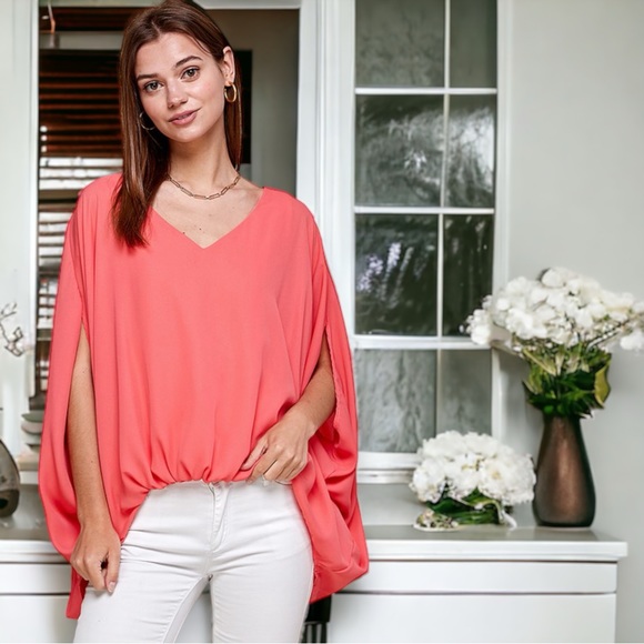 Coral Draped Blouse with Shirred Front - Picture 2 of 8